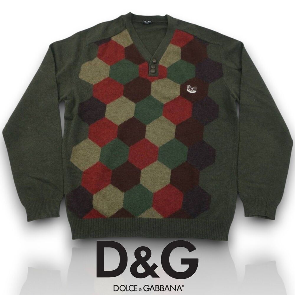 Dolce & Gabbana Vintage Olive Green Geometric Wool Pullover Sweater Size L/XL